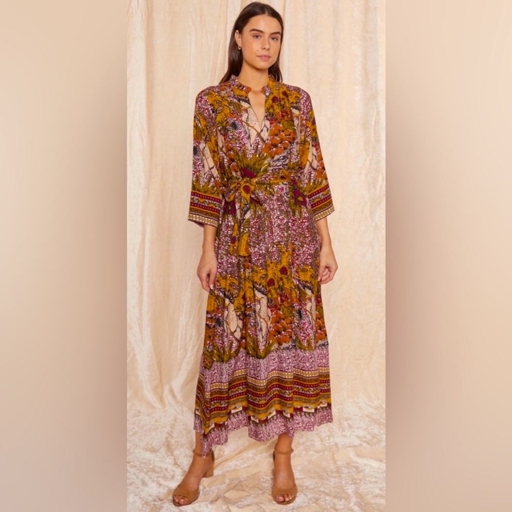 NWT Anthropologie I Raga Maxi Dress Fleri Tiered Batik Floral Bird ZB2